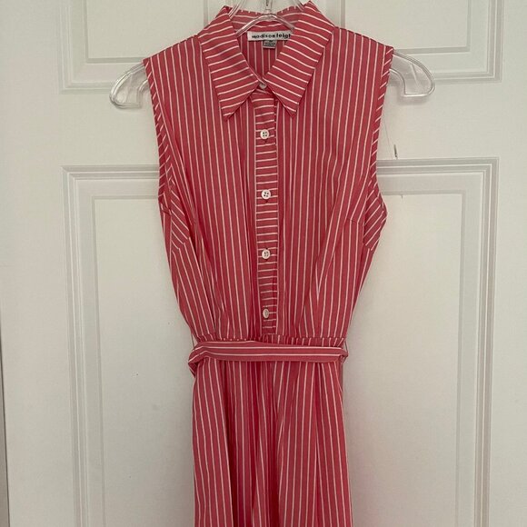Red white striped collared summer shirt dress with tie belt, sleeve - Picture 1 of 3